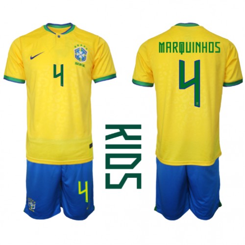 Brazil Marquinhos #4 Domaci Dres za djecu SP 2022 Kratak Rukav (+ Kratke hlače)